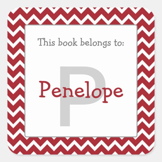 Cuadrada Chevron Monograma Bookplate Pegatina burgundy rojo (Anverso)