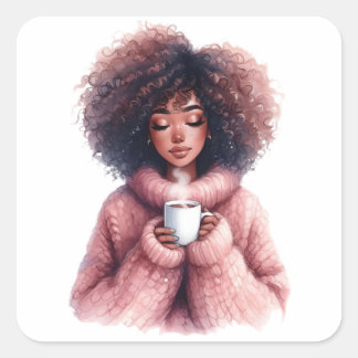 Cuadrada Chica Afro Acogedora – Pegatina de invierno en acu