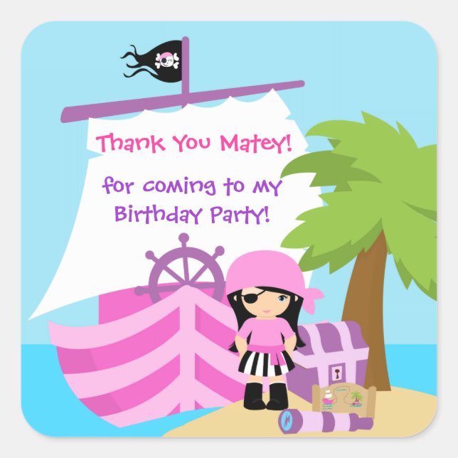 Cuadrada Chica de Barco Pirata Cumpleaños Gracias Pegatina (Anverso)