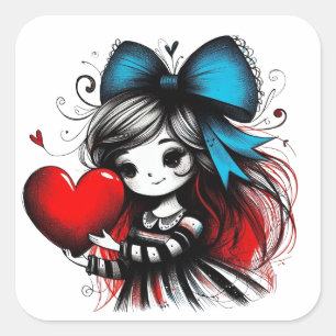 Cuadrada Chica del Día de San Valentín Arte Pegatina de 3 P