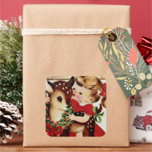 Cuadrada Chica vintage y pegatina de Navidad de renos