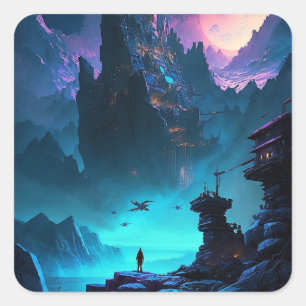 Cuadrada Ciencia ficción Pegatina de Plaza Futurista de Ciu