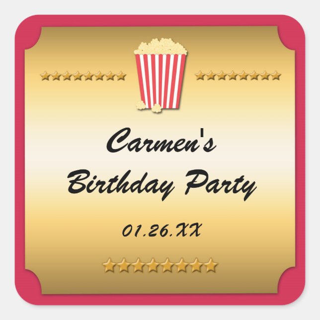 Cuadrada Cine de cine rojo y dorado Pegatina Fiesta de palo (Anverso)