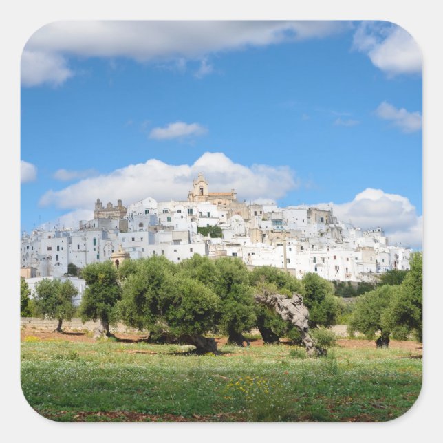 Cuadrada Ciudad blanca de Ostuni con olivos, pegatina de Pu (Anverso)