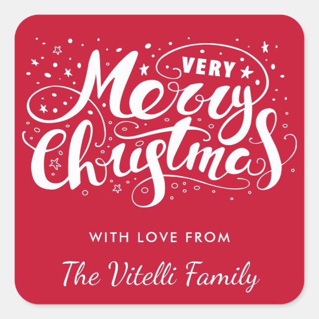 Cuadrada Color personalizado Muy Feliz Pegatina de Navidad (Anverso)