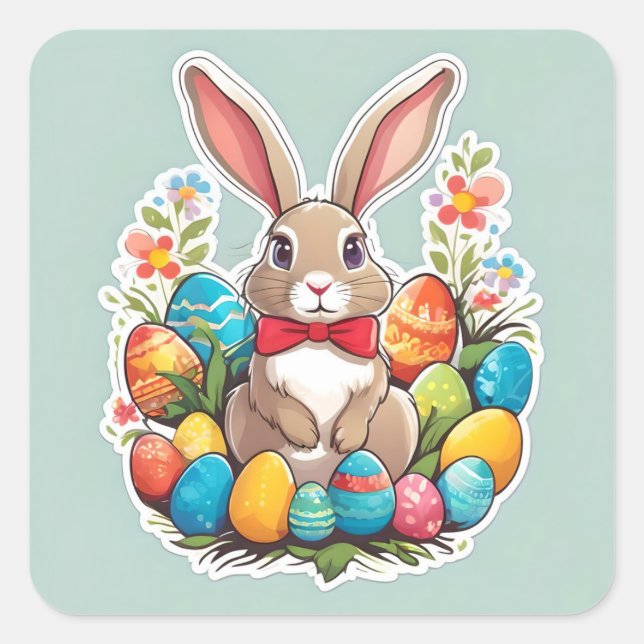 Cuadrada Conejo de Pascua Marrón con pegatina de huevos. (Anverso)