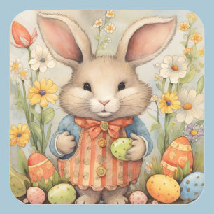 Cuadrada Conejo de Pascua Pegatina floral lindo en colores
