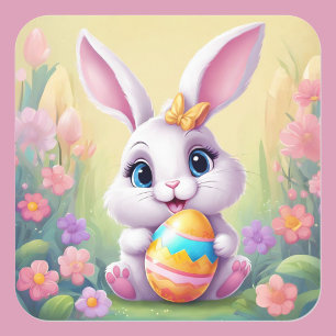 Cuadrada Conejo de Pascua Pegatina floral lindo en colores