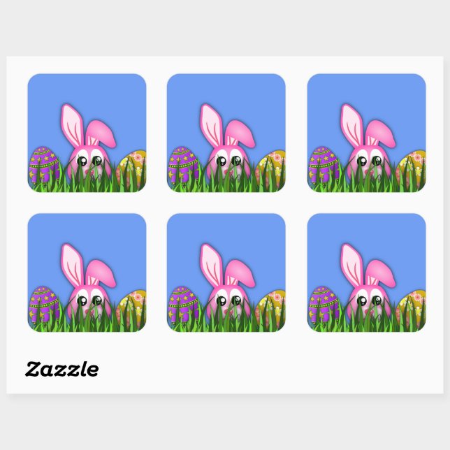 Cuadrada Conejo de Pascua y Huevos en Pegatina de Grass Squ (Hoja)