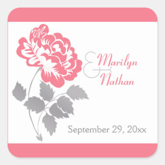 Cuadrada Coral Peony con gris y blanco de 1.5" Sq. Pegatina