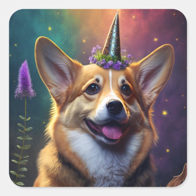 Cuadrada Corgi unicornio - Pegatina arcoiris (Anverso)