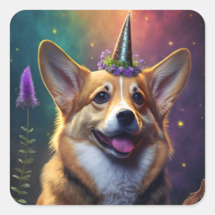 Cuadrada Corgi unicornio - Pegatina arcoiris
