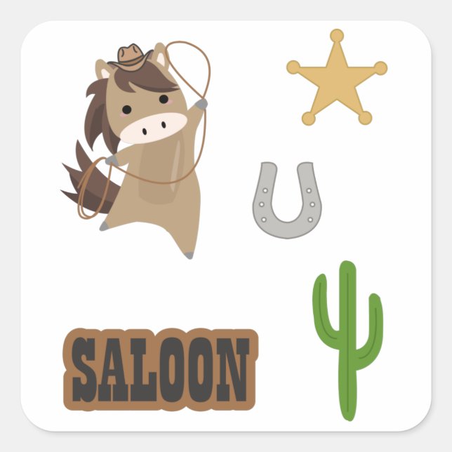 Cuadrada Cowboy Horse Pony Saloon Wester Pegatina Set (Anverso)