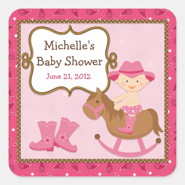 Cuadrada Cowgirl Baby Shower Pegatina (Anverso)
