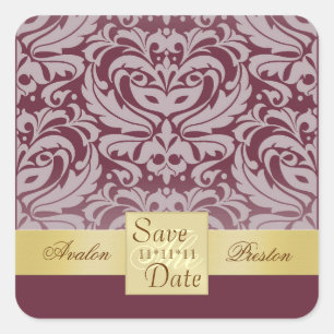 Cuadrada Cranberry Damask Gold Ribbon Guardar El Pegatina D