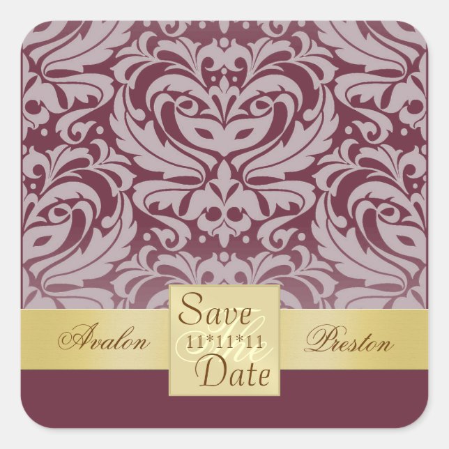 Cuadrada Cranberry Damask Gold Ribbon Guardar El Pegatina D (Anverso)