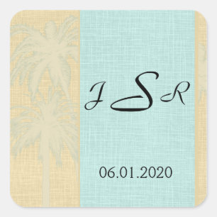 Cuadrada Crema Linen Blue Palm Trees Monograma Pegatina