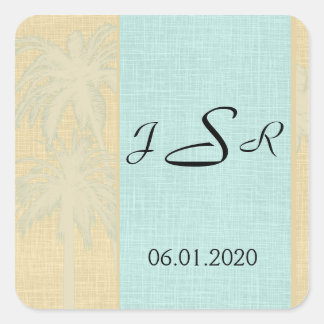 Cuadrada Crema Linen Blue Palm Trees Monograma Pegatina