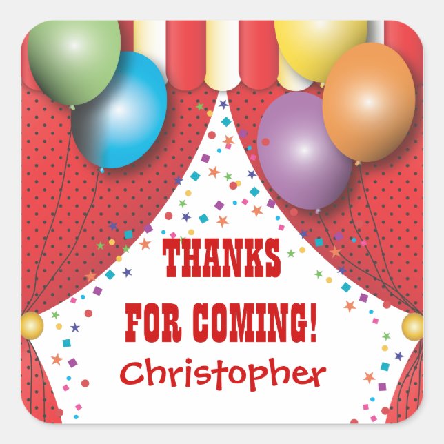 Cuadrada Cumpleaños del Carnaval de Circo Gracias Pegatina (Anverso)