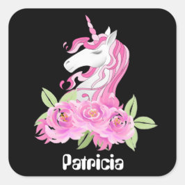 Cuadrada Cute Fantasy unicorn añadir nombre pegatina