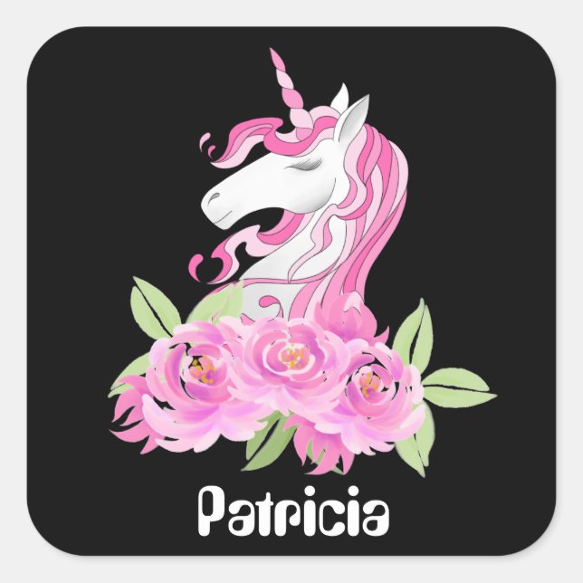 Cuadrada Cute Fantasy unicorn añadir nombre pegatina (Anverso)