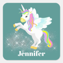 Cuadrada Cute Fantasy unicorn añadir nombre pegatina