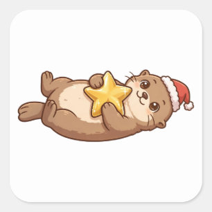 Cuadrada Cute Gorrito de Santa de Nutria Pegatina de Estrel
