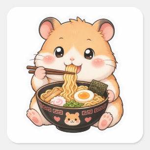 Cuadrada Cute Hamster Comiendo Ramen Anime Art Pegatina