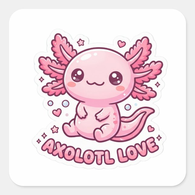 Cuadrada Cute Kawaii Pegatina de Ajolote Rosa (Anverso)
