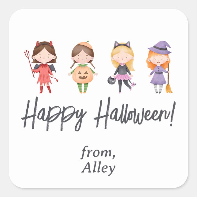 Cuadrada Cute Kids Halloween Pegatina de disfraces (Anverso)