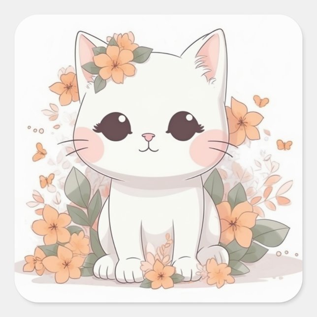 Cuadrada Cute Kitty Pegatina Kawaii Chibi (Anverso)