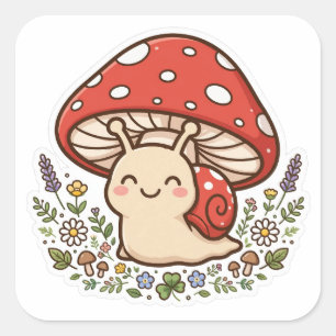 Cuadrada Cute pegatina de caracol con casa de hongo cottage