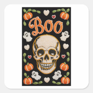 Cuadrada Cute pegatina de Halloween de cráneo Boo bordada