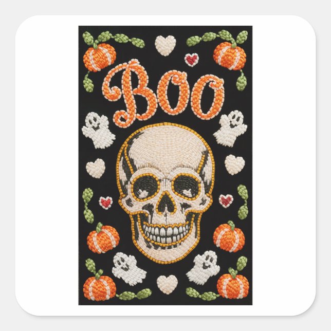 Cuadrada Cute pegatina de Halloween de cráneo Boo bordada  (Anverso)