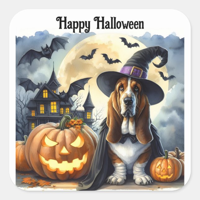 Cuadrada Cute Pegatina de Halloween de Perro Bruja (Anverso)