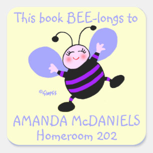 Cuadrada Cute Purple Bee Personalizado Pegatina De Libros P