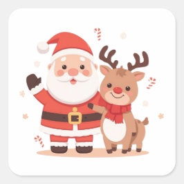 Cuadrada Cute Santa & Reno de Navidad Pegatina de Navidad