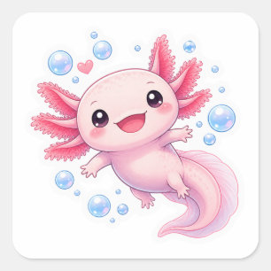 Cuadrada Cute Sonriendo Axolotl Burbuja Kawaii Pegatina