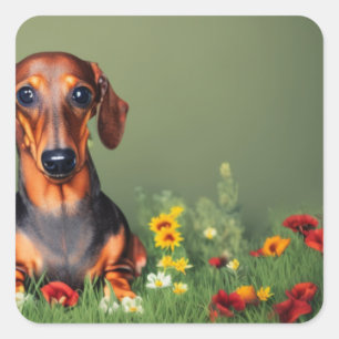 Cuadrada Dachshund en el campo de las flores pegatina cuadr