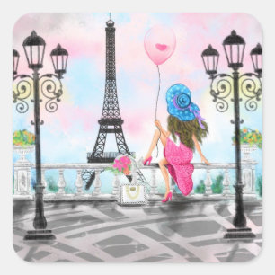 Cuadrada Dama con Pegatina de globos rosados - Amo París 