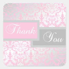 Cuadrada Damasco rosa y gris Gracias Pegatina