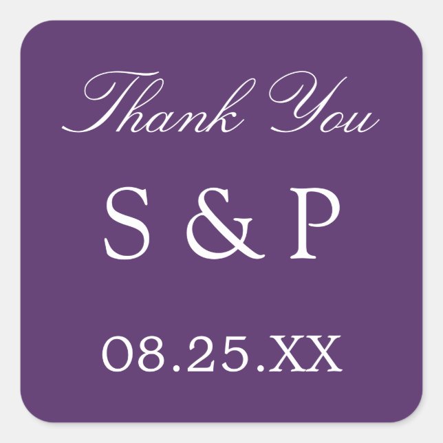 Cuadrada Dark Purple Wedding Favor Gracias Pegatina (Anverso)