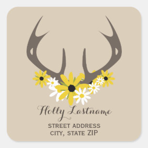 Cuadrada Deer Antlers + Wildflowers Address Pegatina