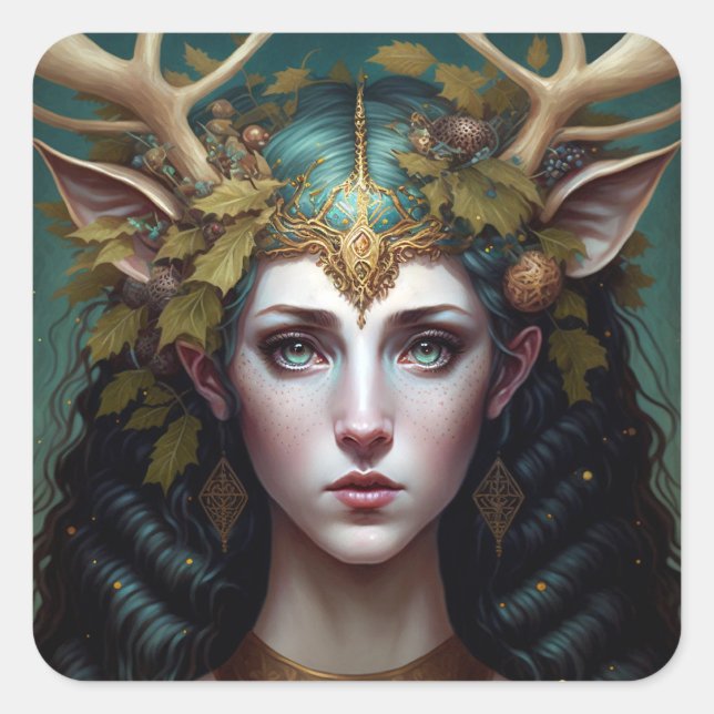 Cuadrada Deer Lady Fantasy Art Square Pegatina (Anverso)