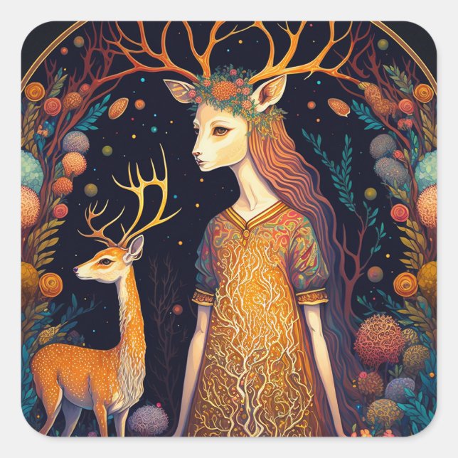 Cuadrada Deer Lady Fantasy Art Square Pegatina (Anverso)