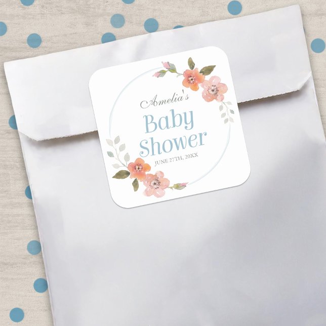 Cuadrada Delicado Pegatina Floral Blue Baby Shower Square (Subido por el creador)