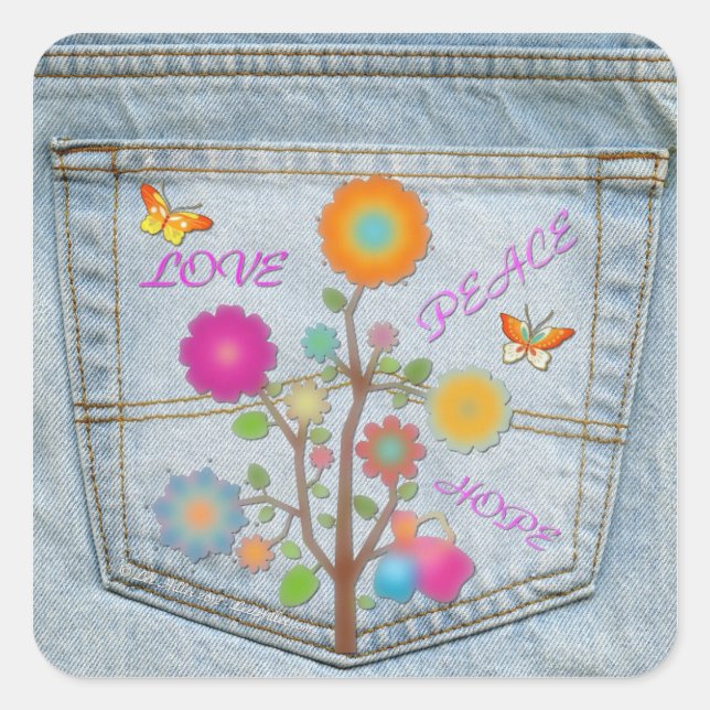 Cuadrada Denim Back Pocket Flowers Peace Love Hope Pegatina (Anverso)
