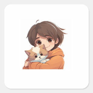 Cuadrada Dibujo Animado Adorable Pegatina de Mascota Abraza