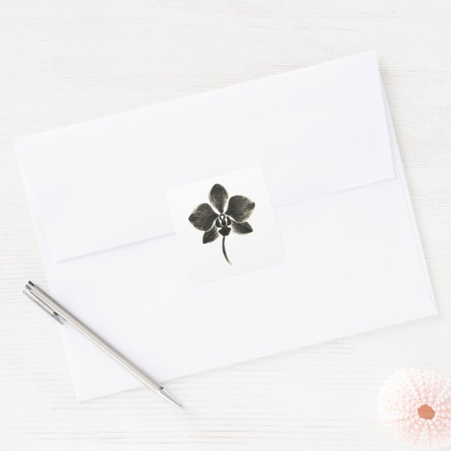 Cuadrada Dibujo de línea orquídea - Pegatina floral (Sobre)