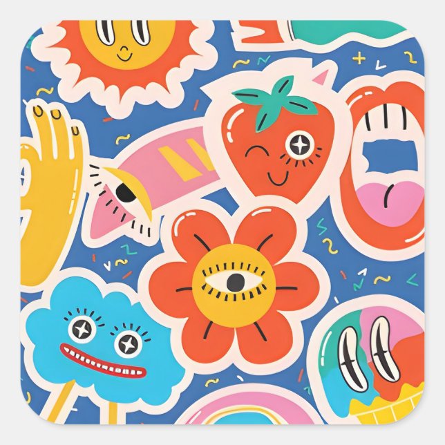 Cuadrada dibujo gracioso lindo Pegatina (Anverso)